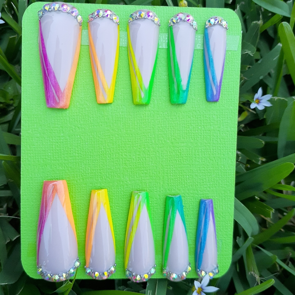 Rainbow Stripe Rhinestones Press on Nails